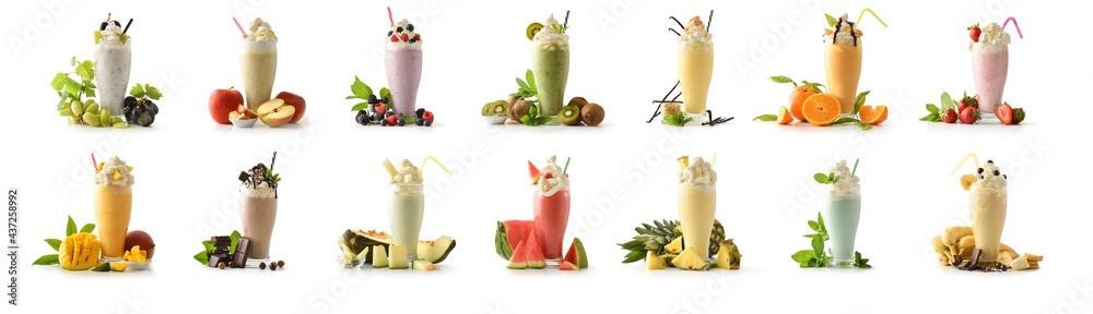 Set of milkshakes decorated with fruits of various flavors isolated - obrazy, fototapety, plakaty 