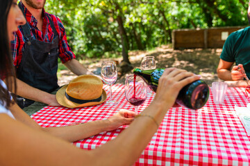 Wall Mural - Multiracial young people drinking red wine at park sunny day.