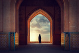 Fototapeta Do pokoju - Silhouette of a Persian woman in national dress against the background of traditional Iranian architecture. Sunset. Iran. Kashan.