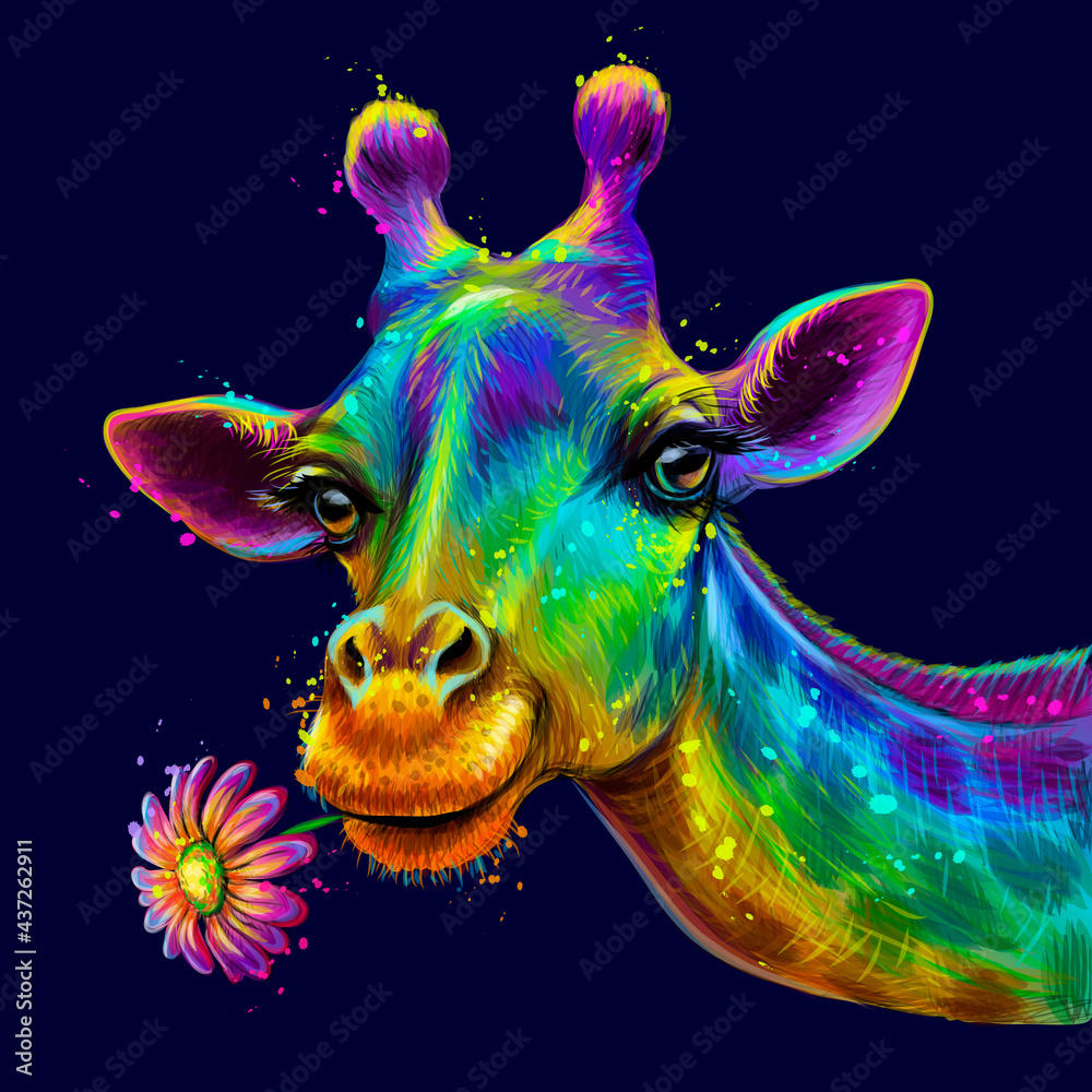 Giraffe. Abstract, colorful, neon portrait of a cute giraffe with a flower on a dark blue background in the style of pop art. Digital vector graphics. Background on a separate layer. - obrazy, fototapety, plakaty 