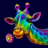 Fototapeta  - Giraffe. Abstract, colorful, neon portrait of a cute giraffe with a flower on a dark blue background in the style of pop art. Digital vector graphics. Background on a separate layer.