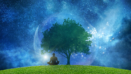 Wall Mural - yoga cosmic space meditation illustration, silhouette of man practicing outdoors at night