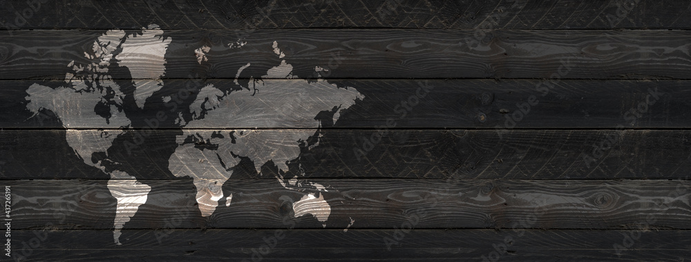 World map on black wooden wall background. Horizontal banner - obrazy, fototapety, plakaty 