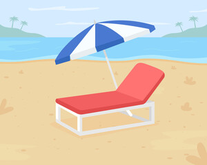 Poster - Relaxing beach vacation flat color vector illustration. Beach destination. Outdoor chair for sandy surfaces. Chilling out on 2D cartoon sun lounger under umbrella with seashore on background