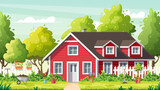 Fototapeta Las - Red House in summer landscape. Empty street with green trees, fence and flowers. Urban garden Cartoon vector illustration. 