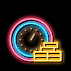 Wall Mural - Watch Coin Heap neon light sign vector. Glowing bright icon Watch Coin Heap sign. transparent symbol illustration