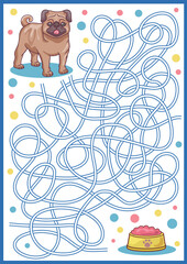 Wall Mural - Maze game with cute dog. Cartoon labyrinth education puzzle. Find path for pug to food. Vector kids activity worksheet.