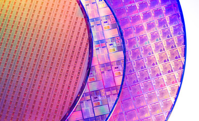 Silicon Wafer with microchips used in electronics for the fabrication of integrated circuits.