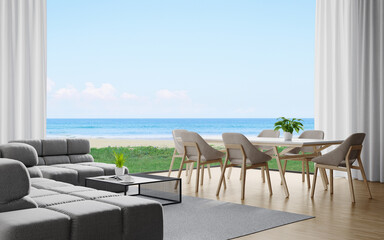 Wall Mural - Sofa on wooden floor of large living room and dining table with curtains in modern house or luxury hotel. Minimal home interior 3d rendering with sky and sea view.