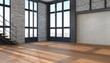3d Illustation - Leerstehendes modernes Loft - Studio - Atelier mit großen Fenster und einer Treppe - helle Wohnung