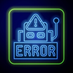 Poster - Glowing neon Error in the operation program of the robot icon isolated on blue background. A broken chip of a robot. Vector