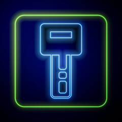 Sticker - Glowing neon Car key with remote icon isolated on blue background. Car key and alarm system. Vector