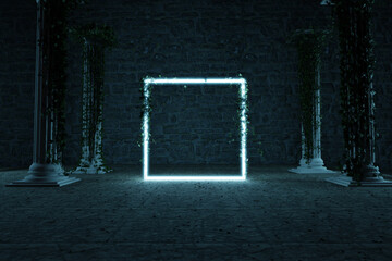 Fototapete - 3d rendering of blue lighten square shape surrounded by columns with ivy leaves against stone wall