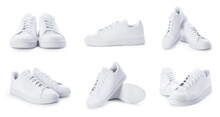 Stylish Sneakers Isolated On White Background. Set Of White Sport Shoes