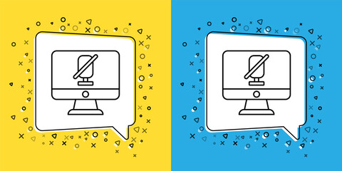 Sticker - Set line Mute microphone on computer icon isolated on yellow and blue background. Microphone audio muted. Vector