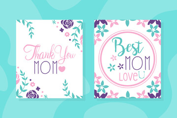 Wall Mural - Thank You Mom Card Templates Set, Best Mom Flyer, Poster with Spring Flowers Vector Illustration