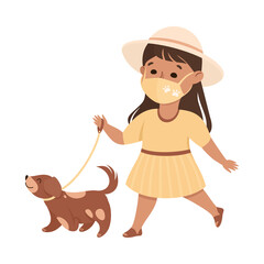 Poster - Happy Girl Wearing Face Mask Walking the Dog as New Normal Lifestyle Vector Illustration