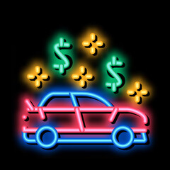 Poster - Car Dollar Mark neon light sign vector. Glowing bright icon Car Dollar Mark isometric sign. transparent symbol illustration
