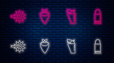 Poster - Set line Cowboy bandana, Revolver gun in holster, Spur and Bullet. Glowing neon icon on brick wall. Vector