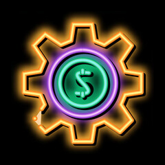 Wall Mural - Gear Dollar Coin neon light sign vector. Glowing bright icon Gear Dollar Coin isometric sign. transparent symbol illustration