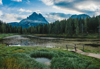 Aerial view of Lago Antorno Lake,Tre Cime di Lavaredo mountain in background, Dolomites, Italy