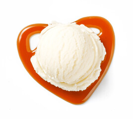 Aufkleber - Scoop of ice cream with caramel sauce isolated. Ice cream on white background. Perfect image for package design of ice cream.