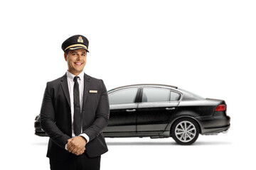 Canvas Print - Young chauffeur standing in front of a black car