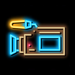Poster - Video Camera Tool neon light sign vector. Glowing bright icon Video Camera Tool isometric sign. transparent symbol illustration