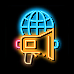 Poster - Loudspeaker Globe neon light sign vector. Glowing bright icon Loudspeaker Globe isometric sign. transparent symbol illustration