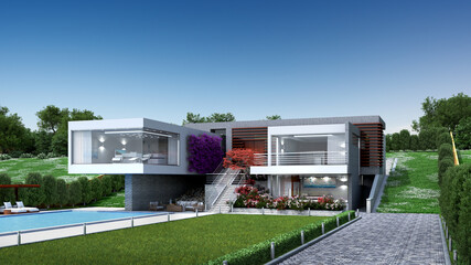 Wall Mural - 3D Illustration of a modern luxury house with a pool