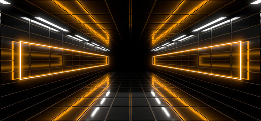 Fototapete - Sci Fy neon lamps in a dark corridor. Reflections on the floor and walls. 3d rendering image.