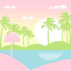 Tropical island with palm trees, blue ocean and pink sun umbrella flat illustration 