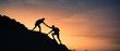 Hikers climbing a mountain giving a helping hand up the cliff. Teamwork, and never giving up concept 