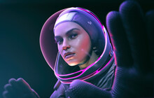 Female Astronaut With Neon Color Helmet - 3d Rendering