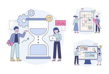 Poster - Experts who set up hourglasses and plan and analyze. Outline flat design style minimal vector illustration set.