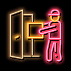 Poster - Courier with Box Enters Door neon light sign vector. Glowing bright icon Courier with Box Enters Door sign. transparent symbol illustration