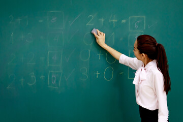Portrait shot of Asian beautiful ponytail hairstyle female mathematic teacher turn back standing using board eraser erasing solved math equation questions on green chalkboard in front of classroom