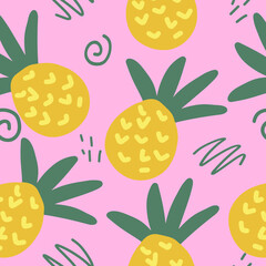 pineapple and doodles vector seamless pattern. hand drawn. illustration for wallpaper, wrapping paper, textile, background. tropical juicy summer fruit. trendy colors 2021.