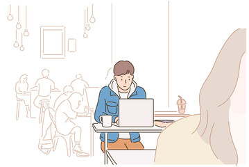 A man is sitting in a cafe with his laptop open. hand drawn style vector design illustrations. 