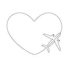 Poster - Love airplane route in one Continuous line drawing. Concept of Romantic vacation turism and travel. Hearted plane path. Simple vector illustration in linear style