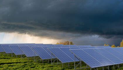 Wall Mural - the coming storm over a farm solar panel