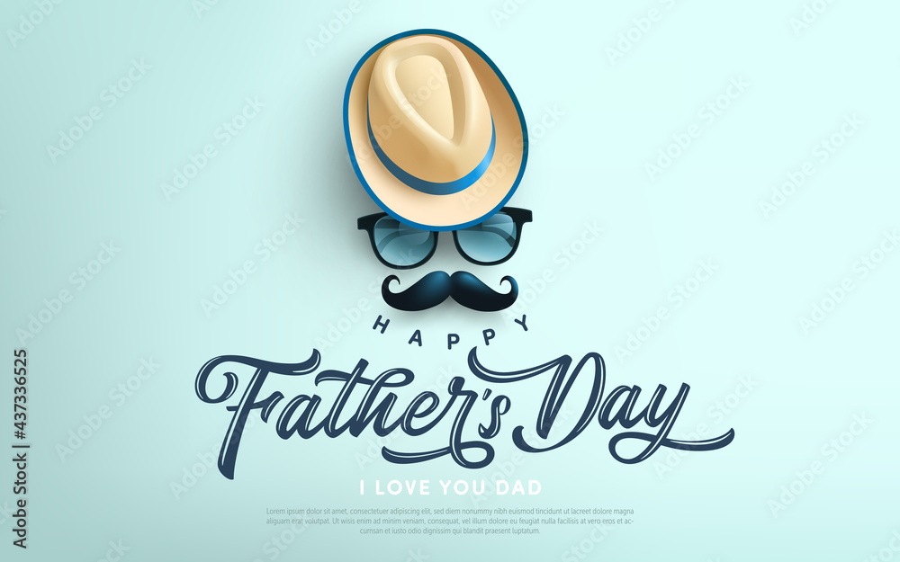 Father's Day poster or banner template with symbol of Dad from hat,glasses and mustache.Greetings and presents for Father's Day in flat lay styling.Promotion and shopping template for love dad - obrazy, fototapety, plakaty 