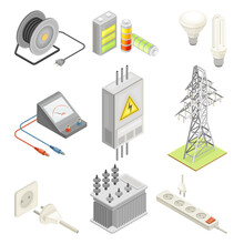 Electric Power Objects With Breaker Box, Socket And Lightbulb Isometric Vector Set