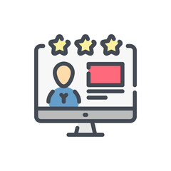 Fototapete - Online review and rating color line icon. Computer with person profile and rating stars vector outline colorful sign.