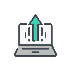 Fototapete - Laptop with arrow up color line icon. Upload files from computer vector outline colorful sign.