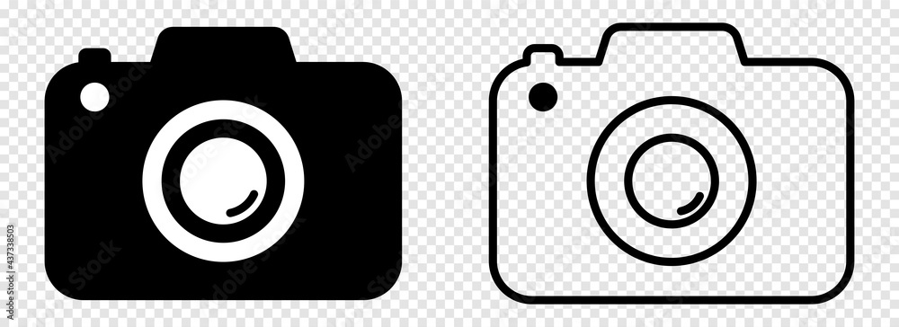 Camera icons. Photo camera in flat and line art style. Design for graphic and web design. Vector isolated on transparent background - obrazy, fototapety, plakaty 