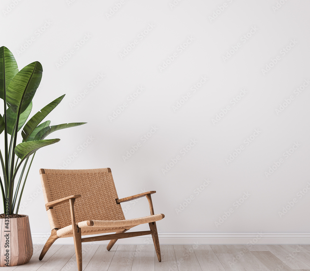 Wall mock up in white simple and minimal interior with wooden furniture, 3d render - obrazy, fototapety, plakaty 