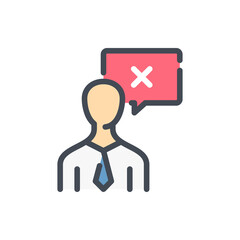 Poster - Cancel communication color line icon. Business person with chat box and x cross vector outline colorful sign.