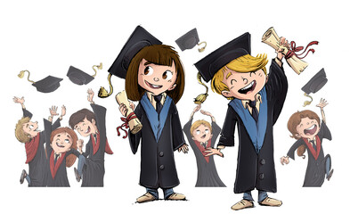 Illustration of boys and girls graduating