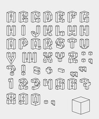 Fototapete - Vector isometric 3d font. Black-white collection of letters, numbers and punctuation marks